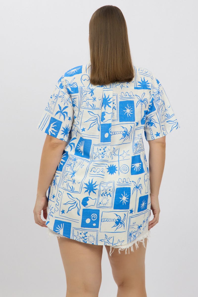 Blue Abstract Relaxed Shirt Short Sleeve Linen Blend for YouandAll Fashion