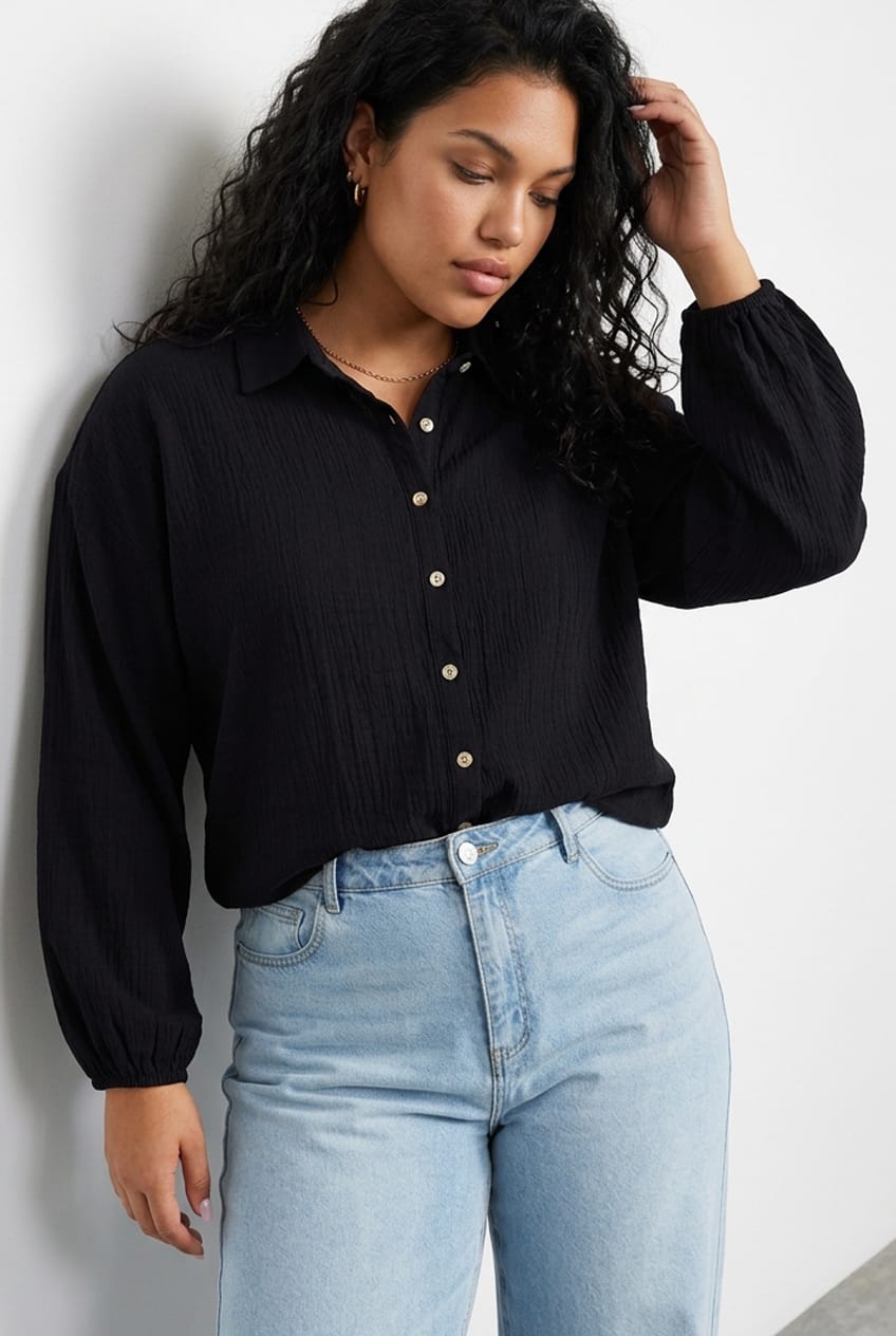Black Textured Shirt Off Long Sleeve