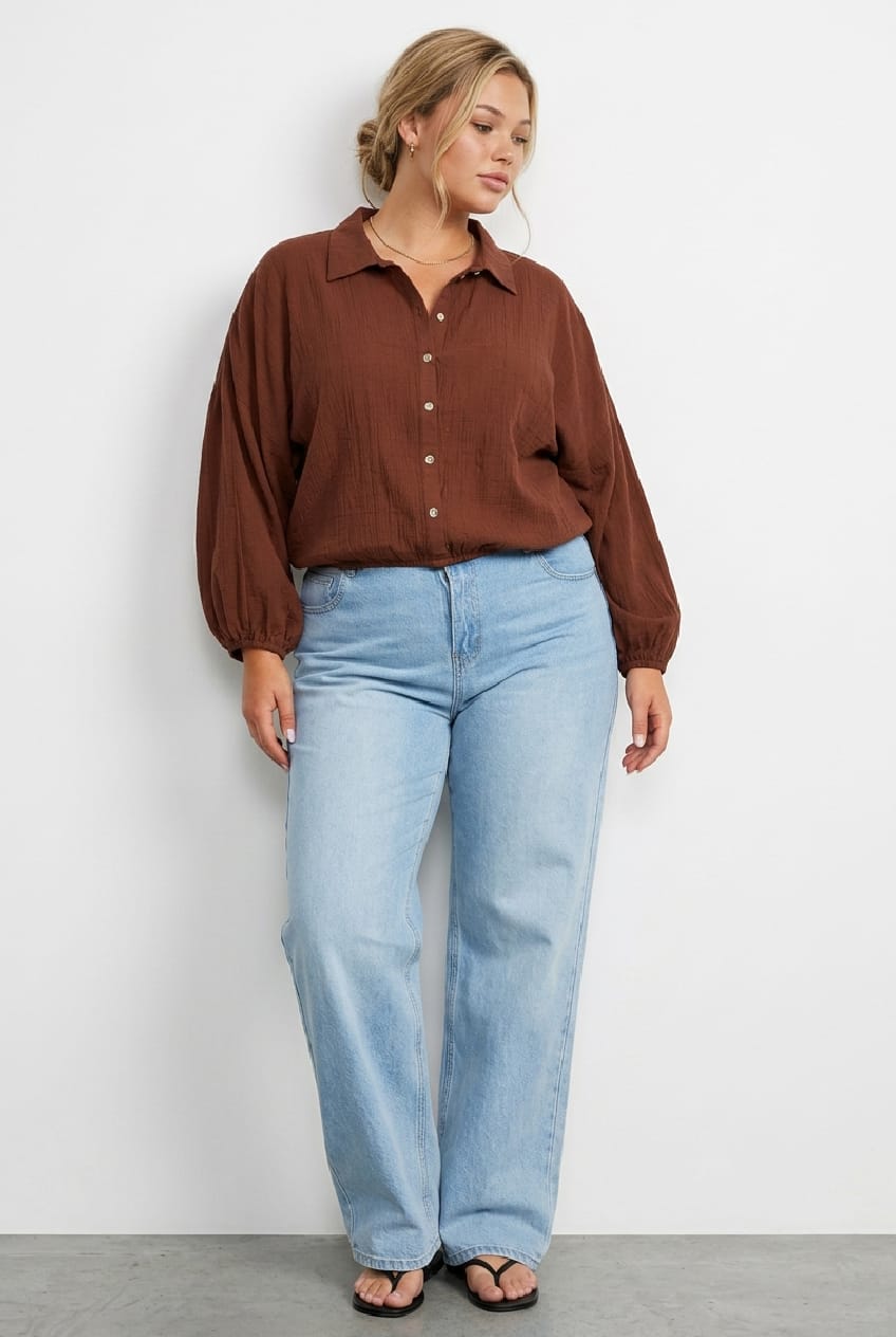 Brown Textured Shirt Off Long Sleeve