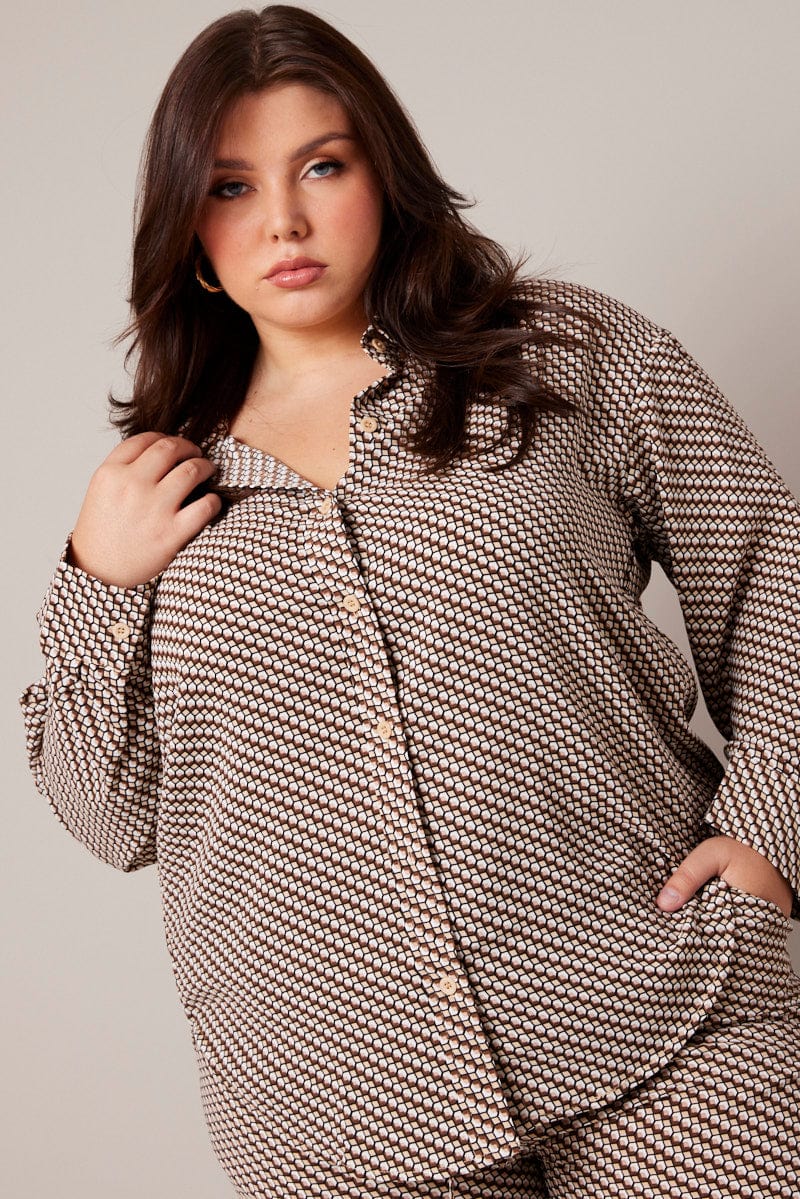 Brown Geo Relaxed Shirt Long Sleeve for YouandAll Fashion