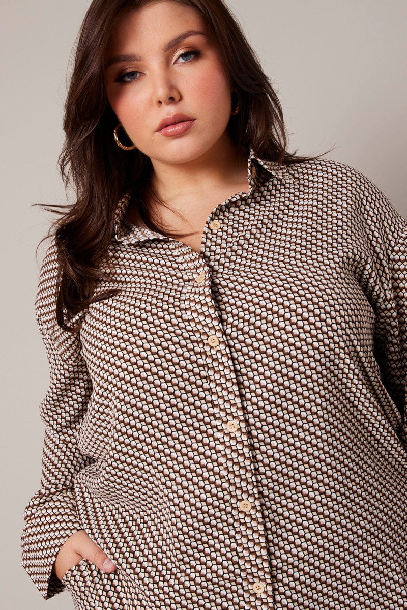 Brown Geo Relaxed Shirt Long Sleeve for YouandAll Fashion