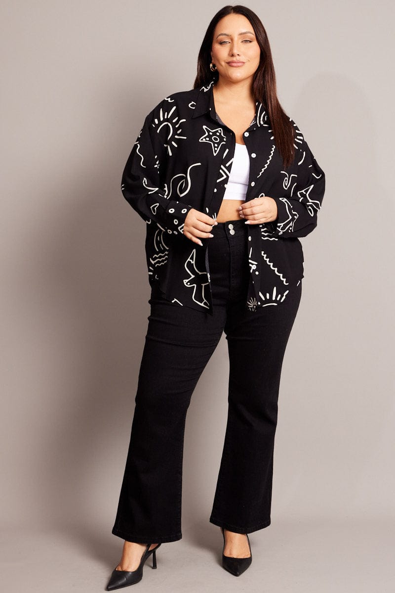 Black Abstract Relaxed Shirt Long Sleeve for YouandAll Fashion