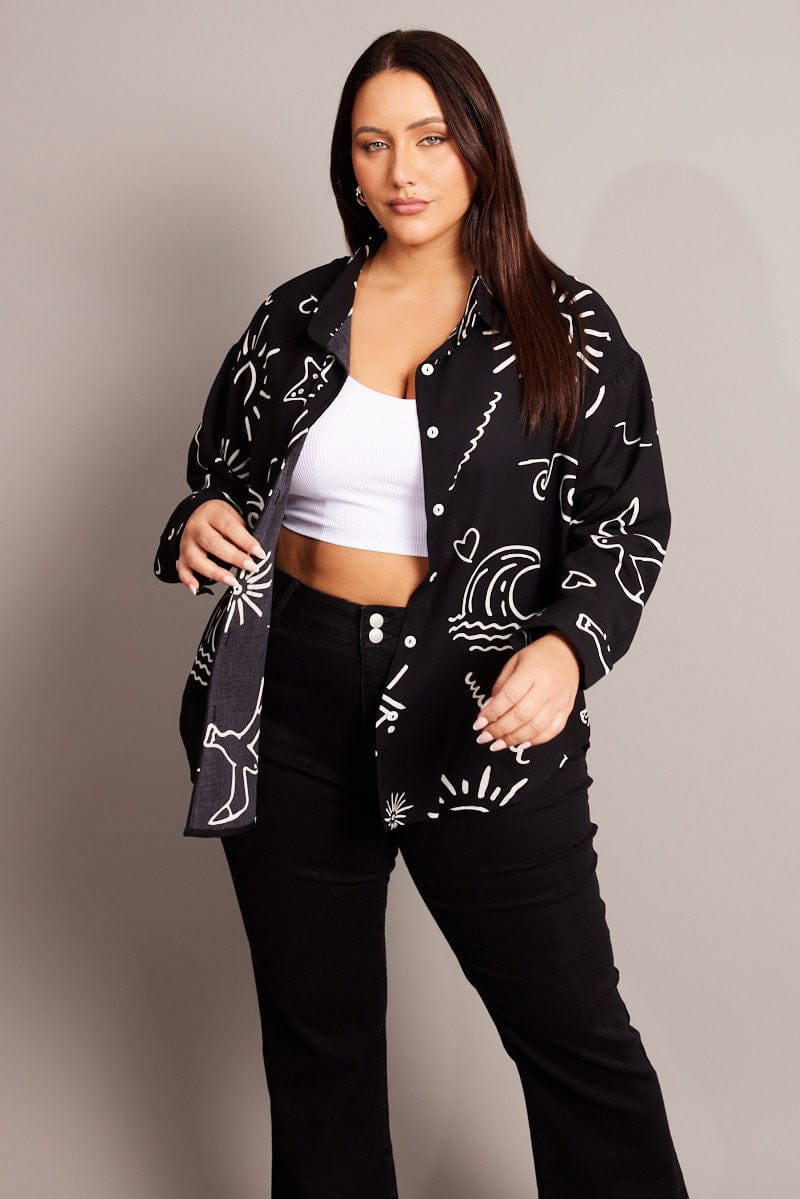 Black Abstract Relaxed Shirt Long Sleeve for YouandAll Fashion