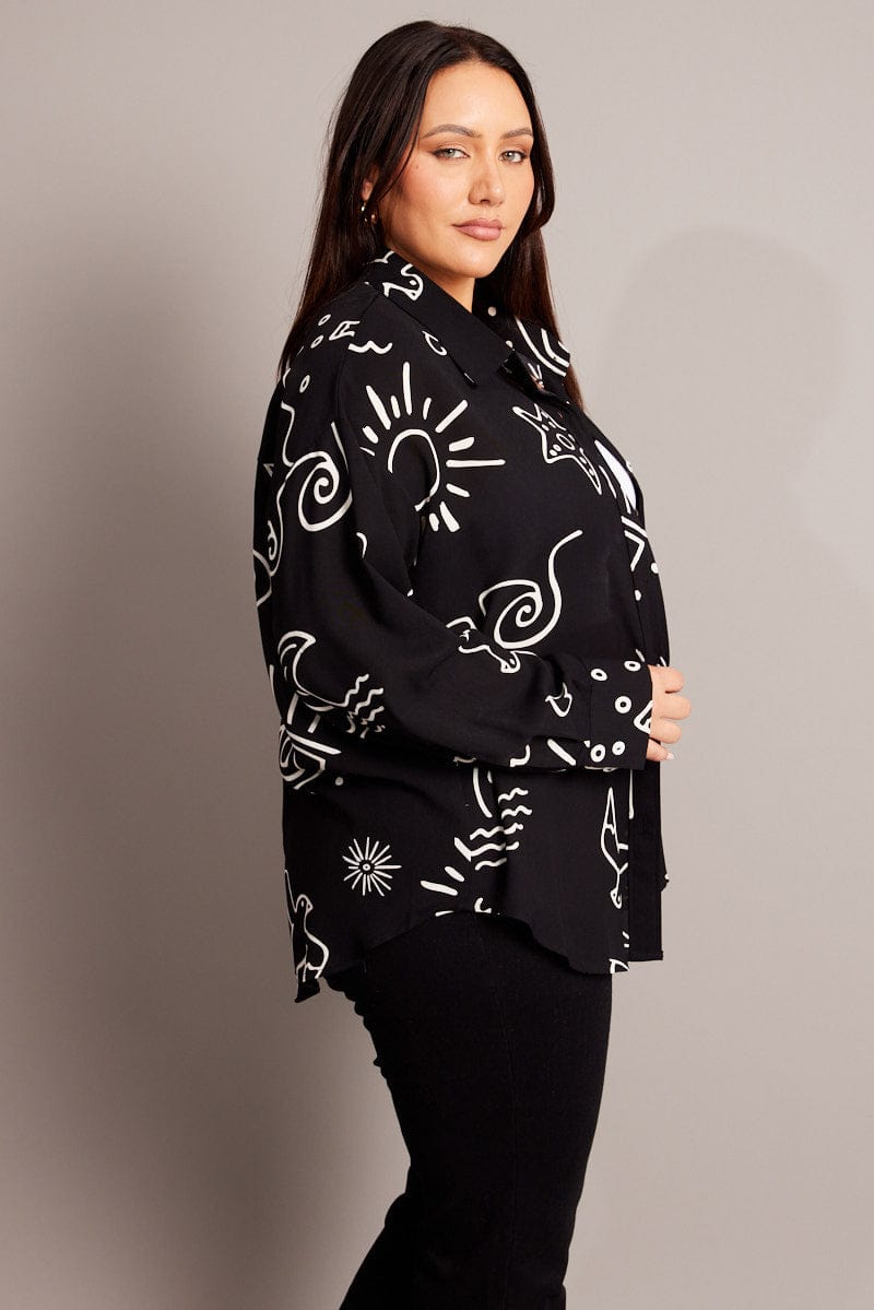 Black Abstract Relaxed Shirt Long Sleeve for YouandAll Fashion