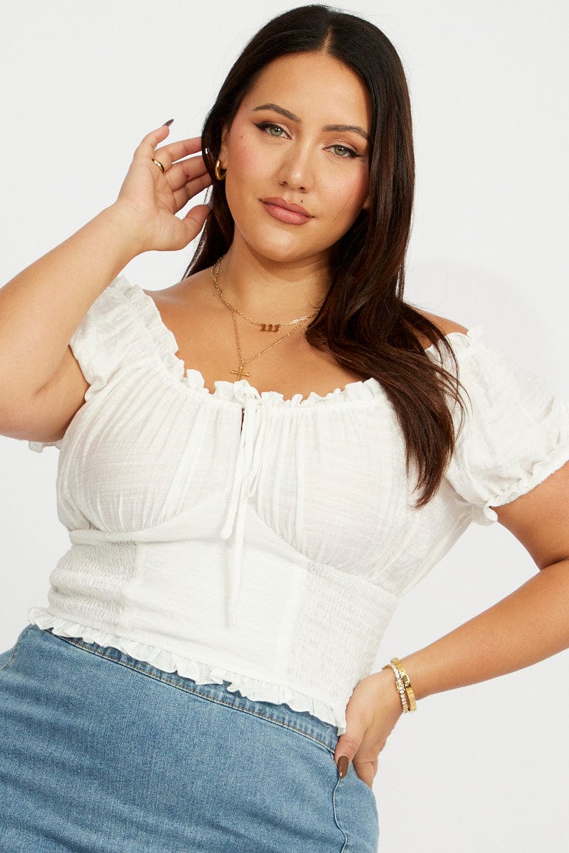 White Crop Top Short Sleeve Shirred Waist for YouandAll Fashion