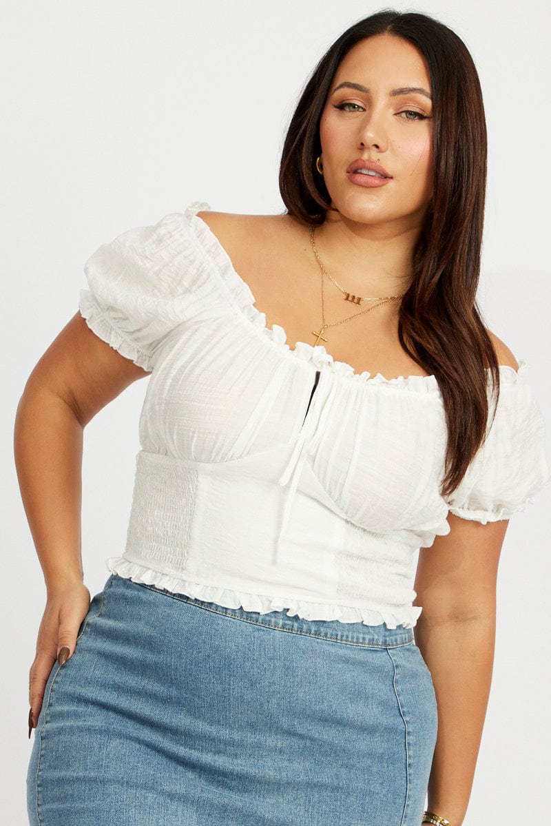 White Crop Top Short Sleeve Shirred Waist for YouandAll Fashion