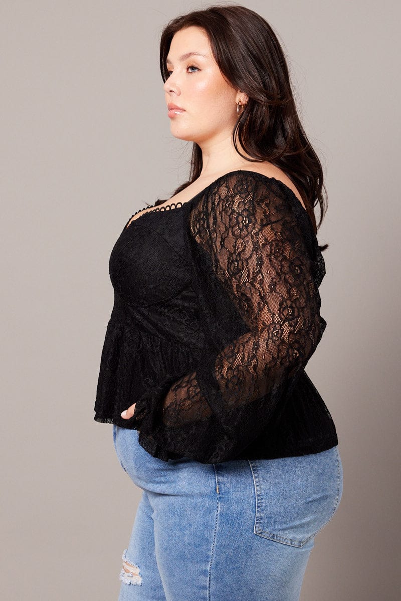 Black Peplum Top Long Sleeve Lace for YouandAll Fashion