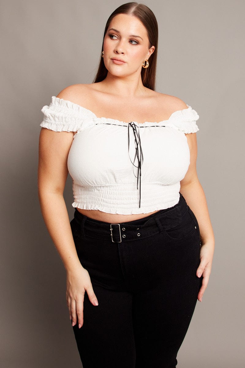 White Crop Top Short Sleeve Shirred Waist for YouandAll Fashion