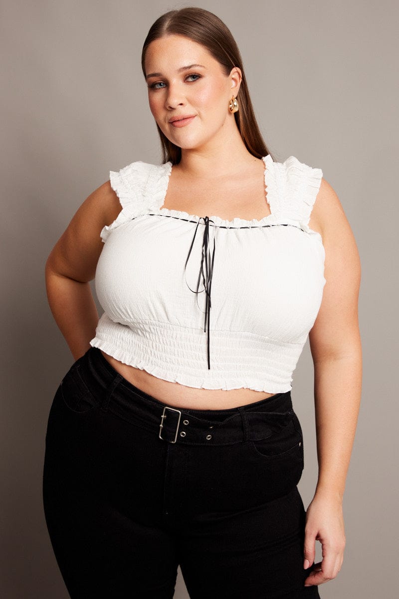 White Crop Top Short Sleeve Shirred Waist for YouandAll Fashion