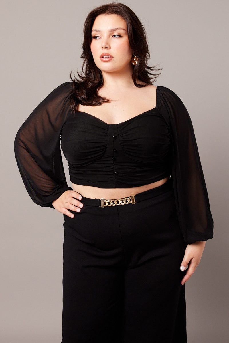 Black Crop Top Long Sleeve Ruched for YouandAll Fashion
