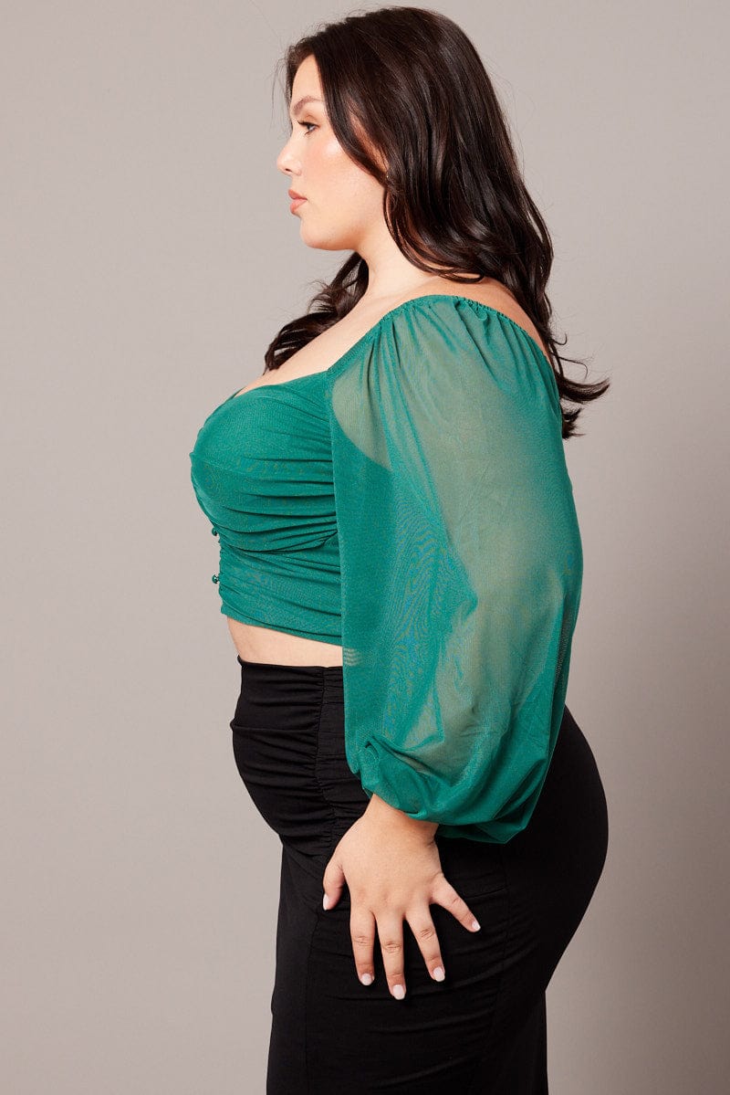 Green Crop Top Long Sleeve Ruched for YouandAll Fashion
