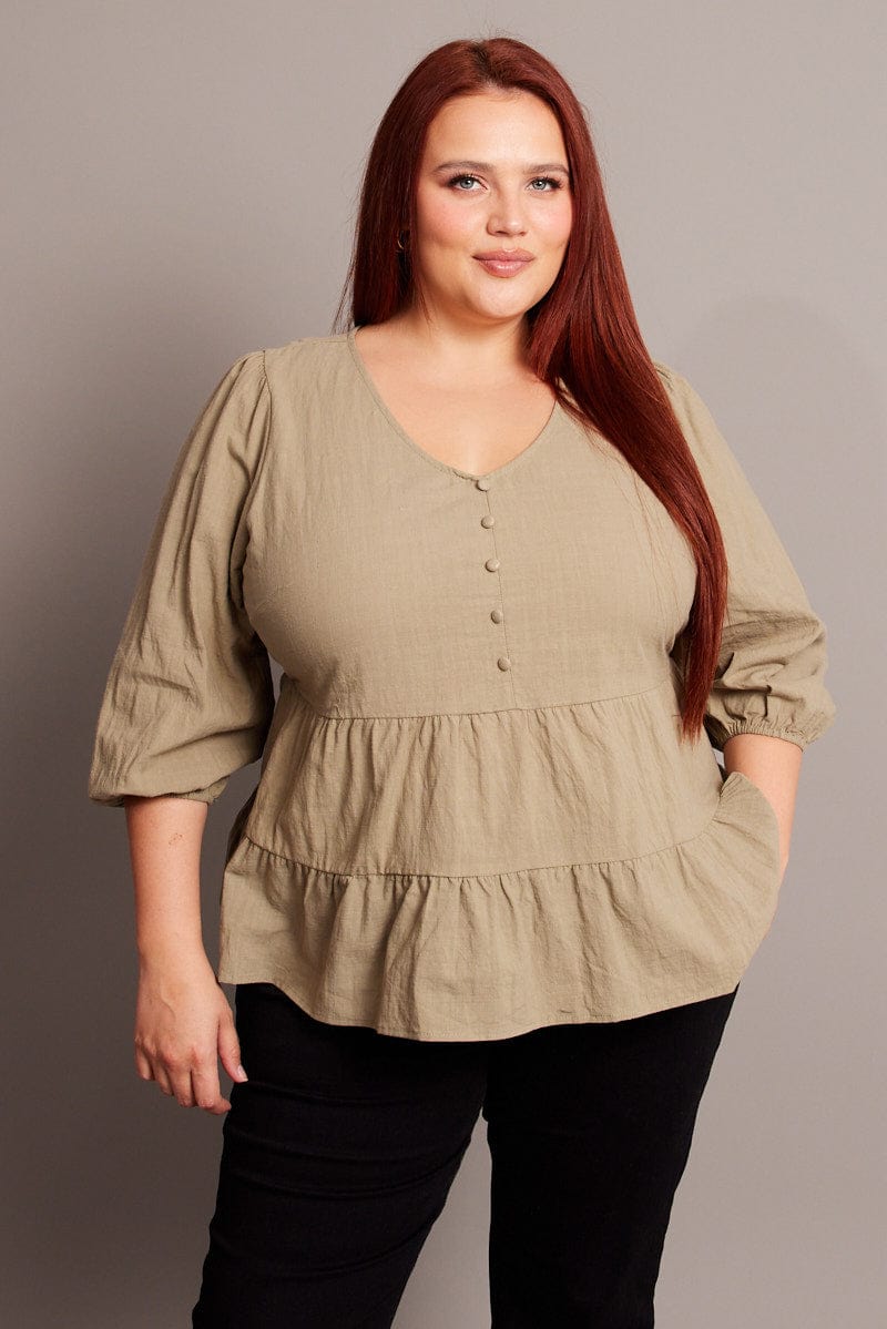 Green Smock Top 3/4 Sleeve V-Neck for YouandAll Fashion