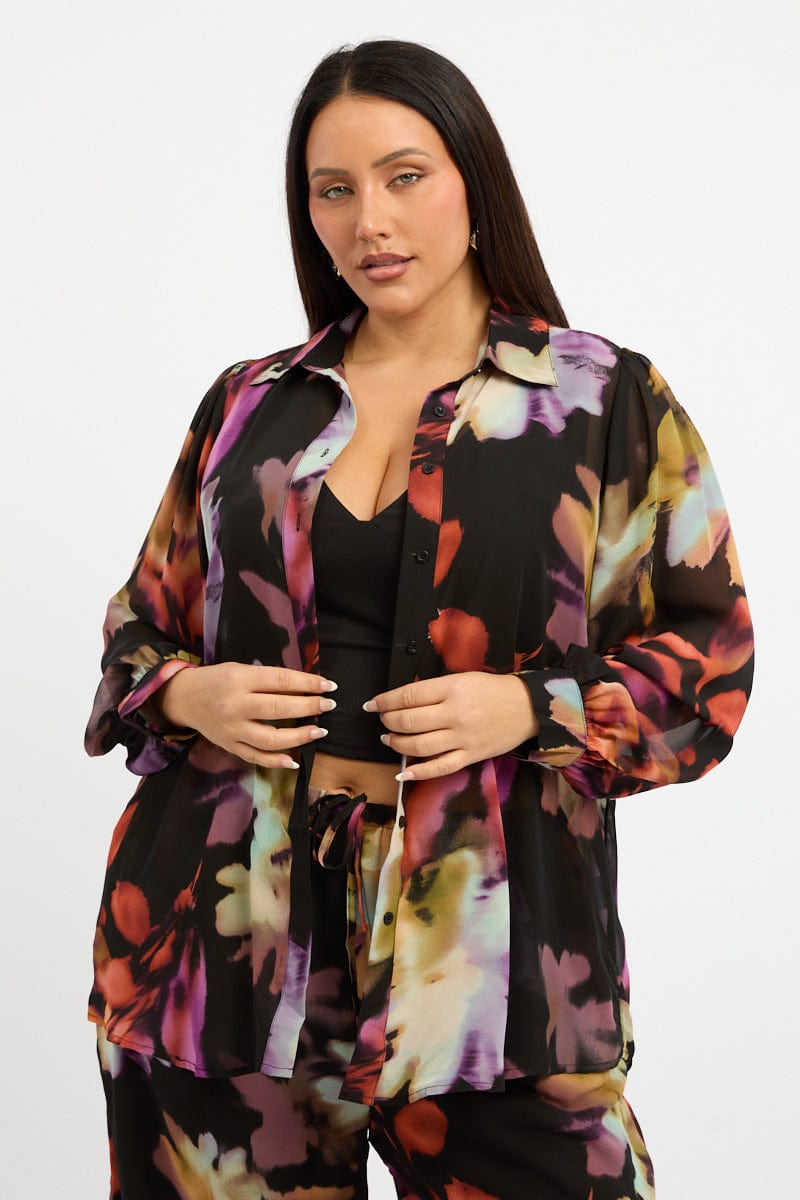 Multi Abstract Shirt Long Sleeve Chiffon for YouandAll Fashion