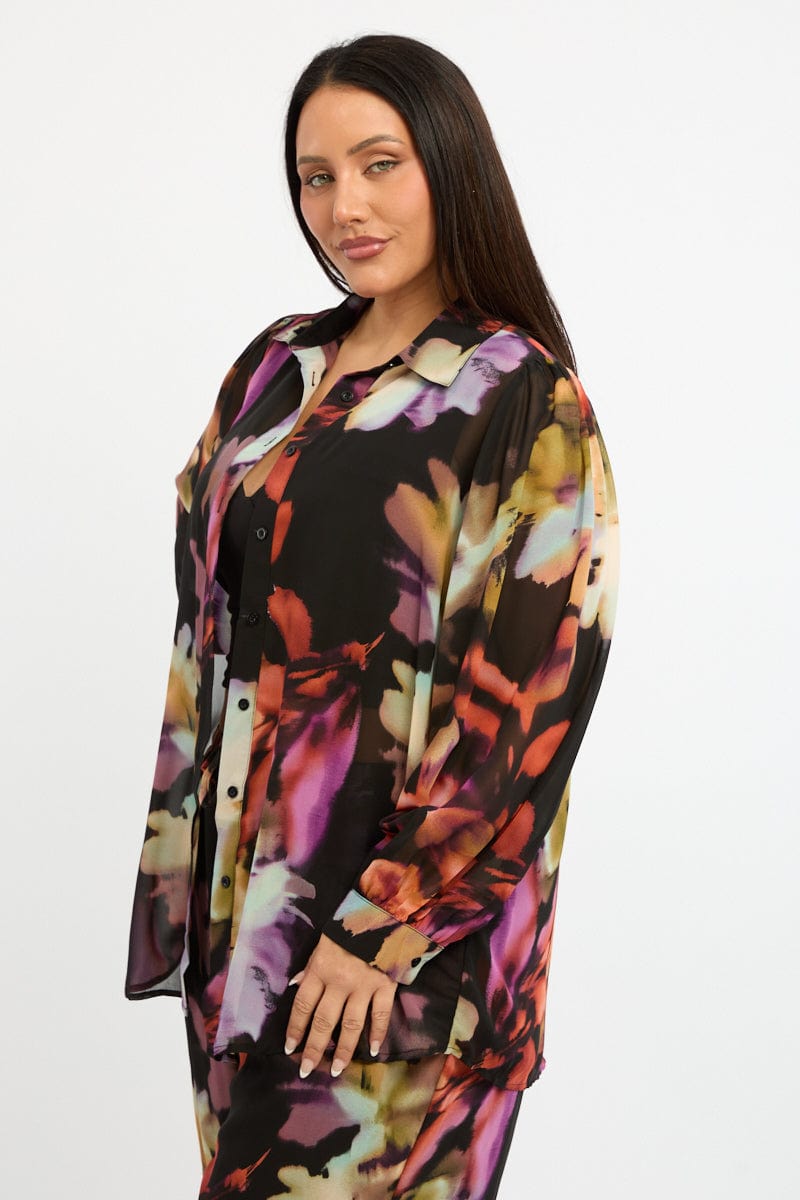 Multi Abstract Shirt Long Sleeve Chiffon for YouandAll Fashion