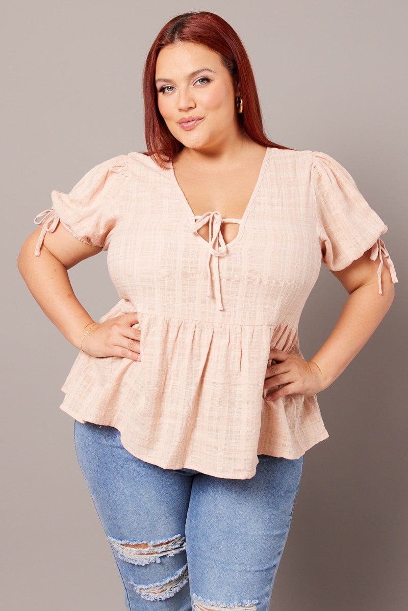 Beige Peplum Top Short Sleeve Tie Front for YouandAll Fashion