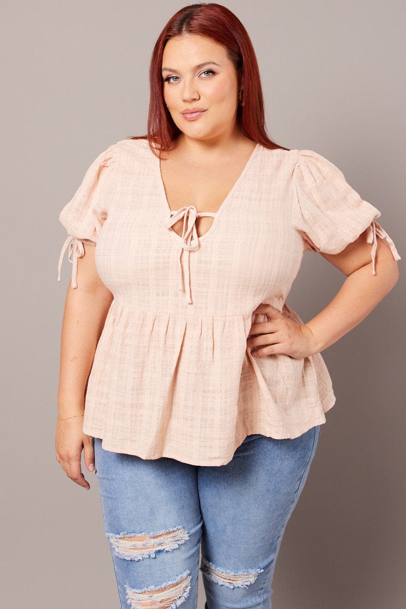 Beige Peplum Top Short Sleeve Tie Front for YouandAll Fashion