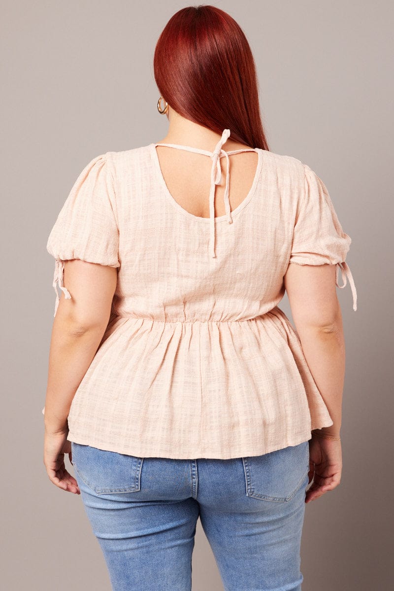 Beige Peplum Top Short Sleeve Tie Front for YouandAll Fashion