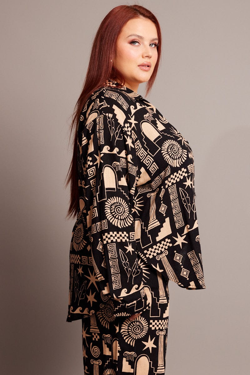 Black Abstract Relaxed Shirt Long Sleeve for YouandAll Fashion