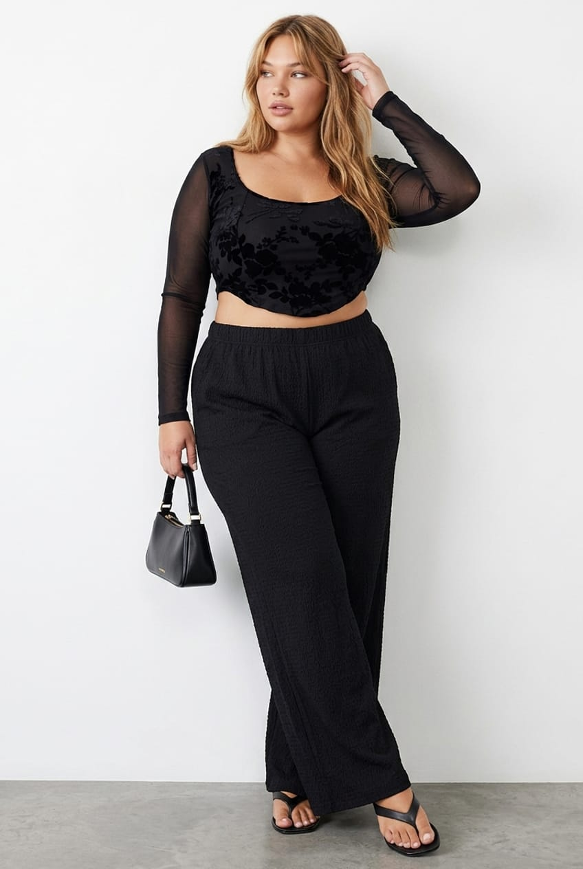 Black Crop Top Long Sleeve Mesh for YouandAll Fashion