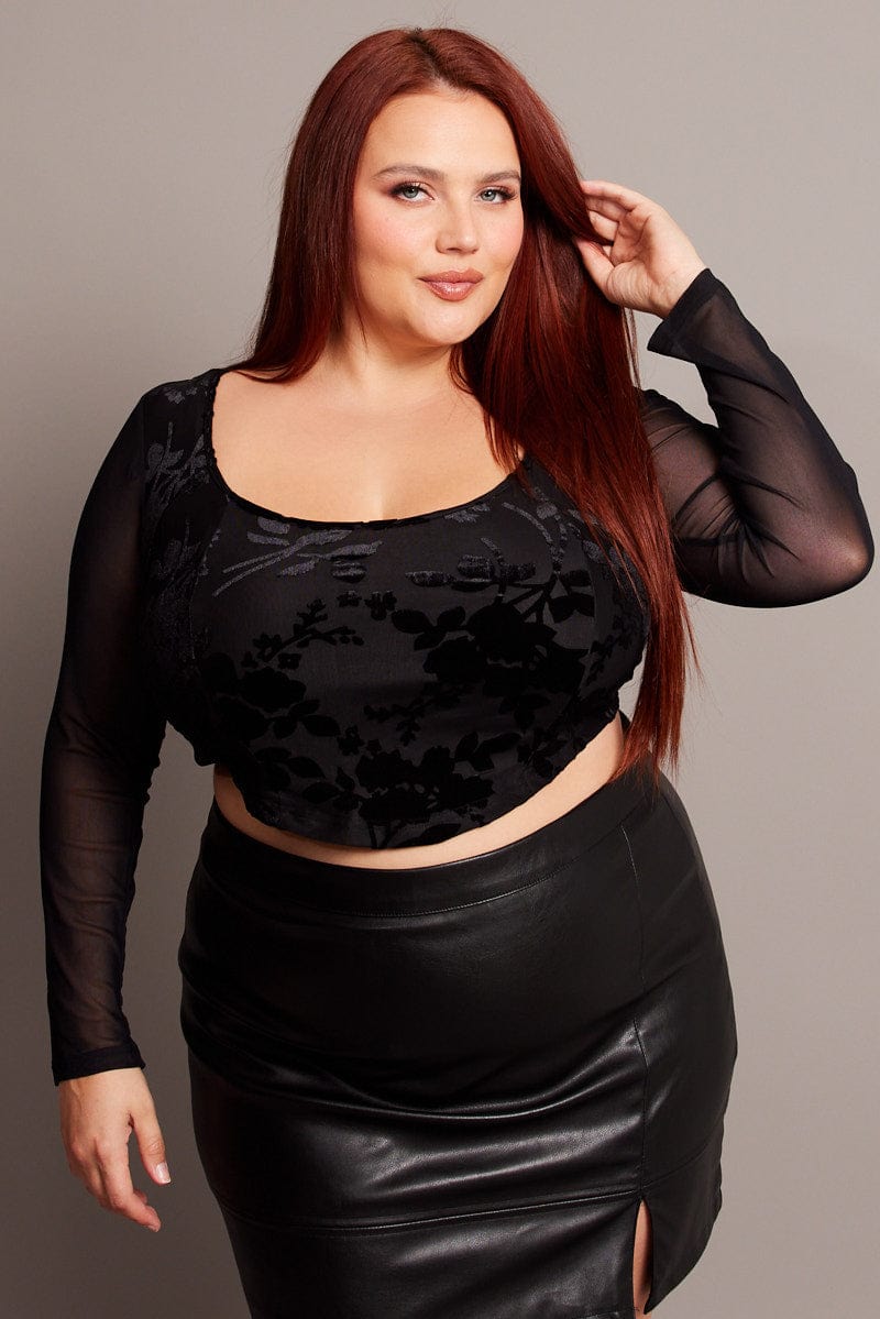 Black Crop Top Long Sleeve Mesh You All - Main Image