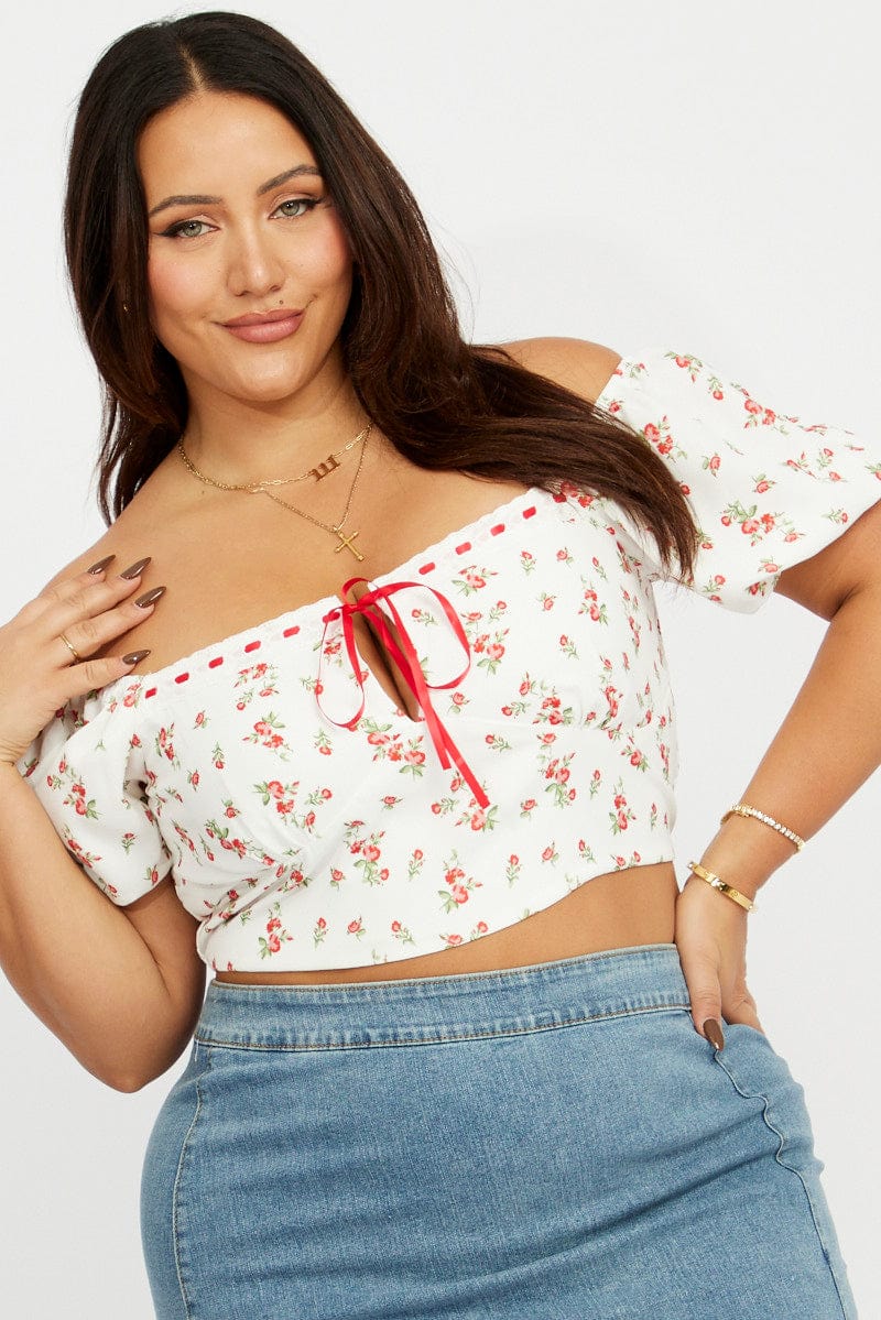 White Ditsy Crop Top Short Sleeve Ribbon for YouandAll Fashion