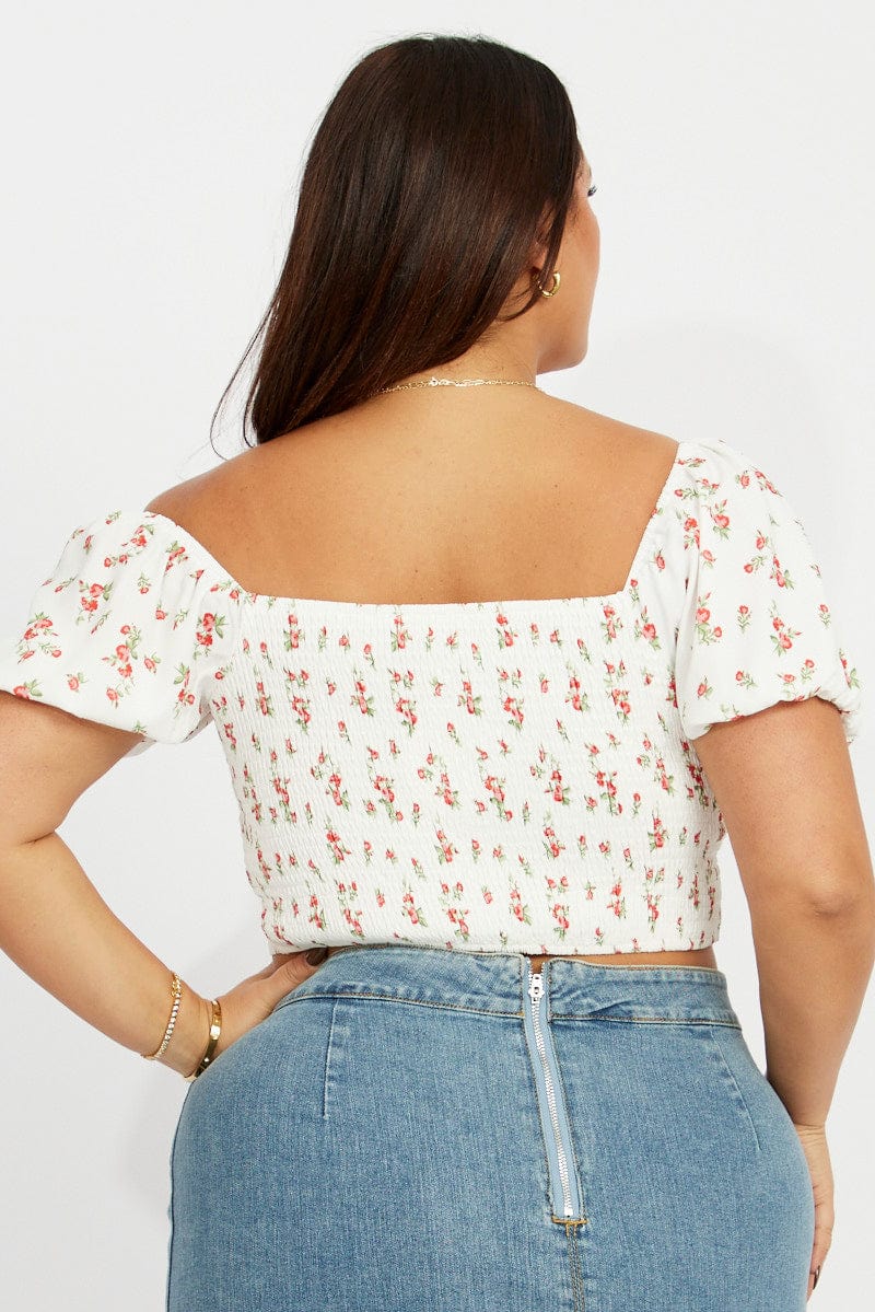 White Ditsy Crop Top Short Sleeve Ribbon for YouandAll Fashion