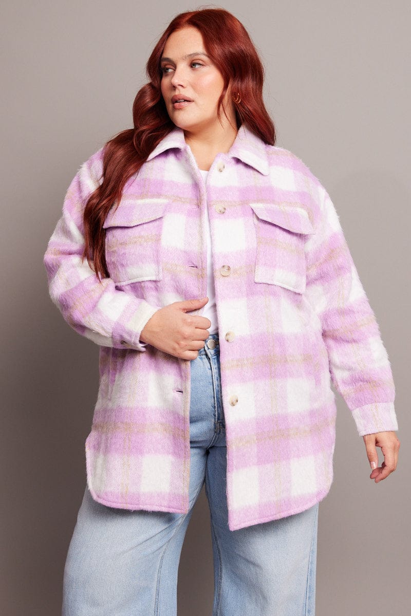 Purple Check Check Shacket Long Sleeve for YouandAll Fashion