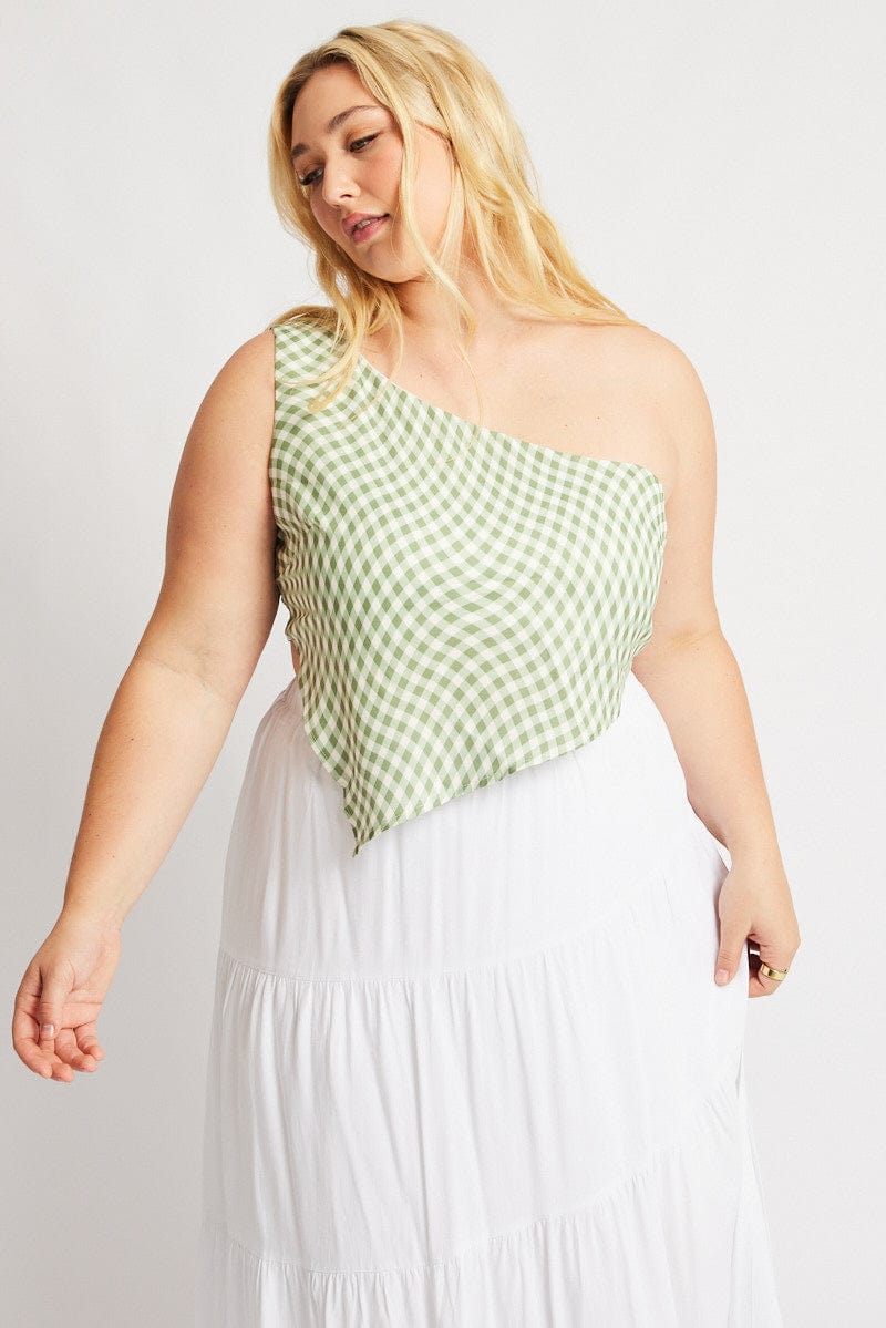 Green Check Scarf Top One Shoulder for YouandAll Fashion