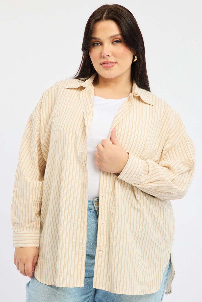 Beige Stripe Relaxed Shirt Long Sleeve for YouandAll Fashion