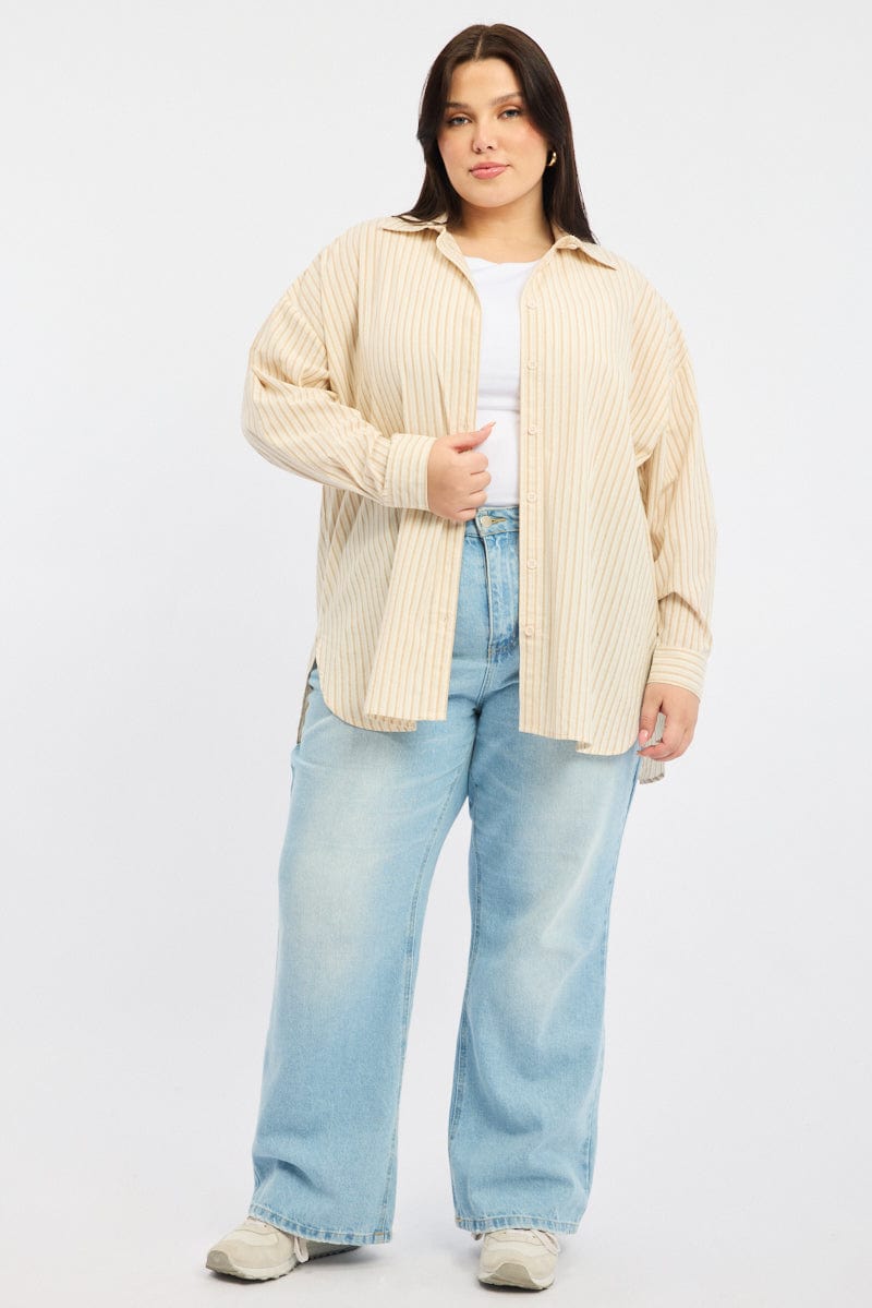 Beige Stripe Relaxed Shirt Long Sleeve for YouandAll Fashion