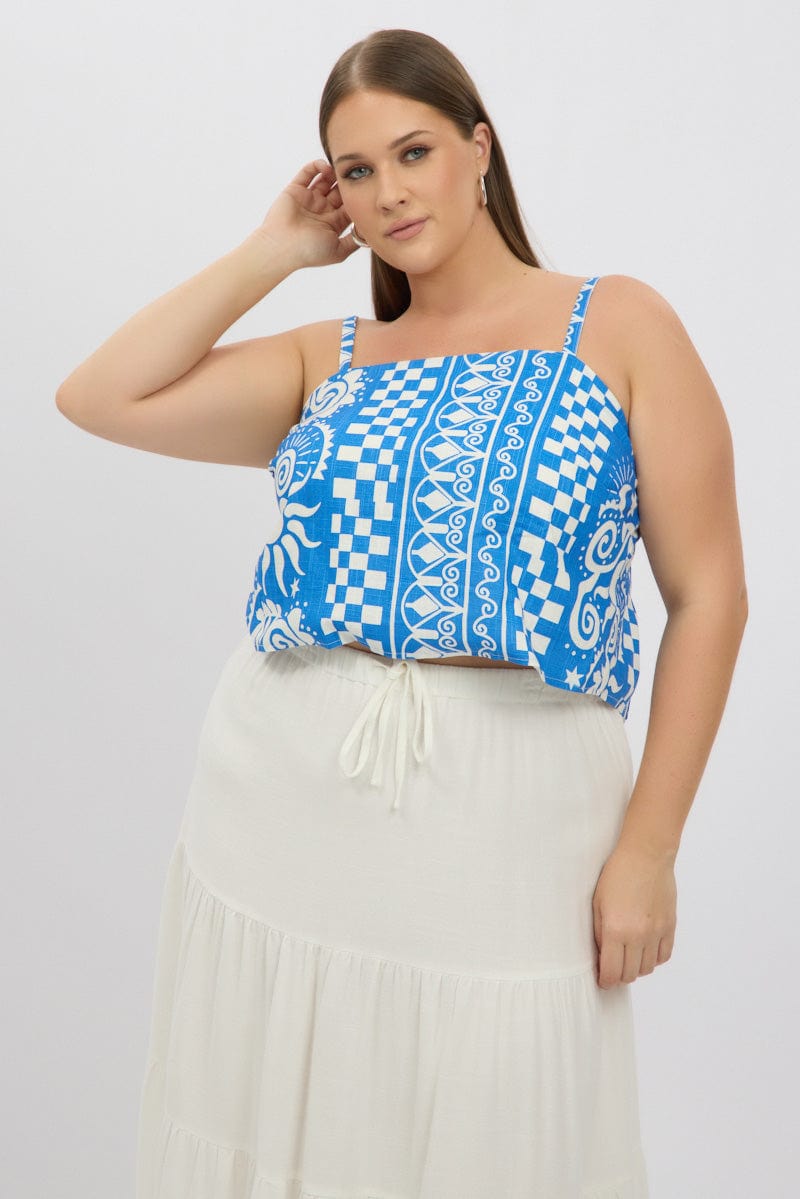 Blue Abstract Cami Crop Top Linen Blend for YouandAll Fashion