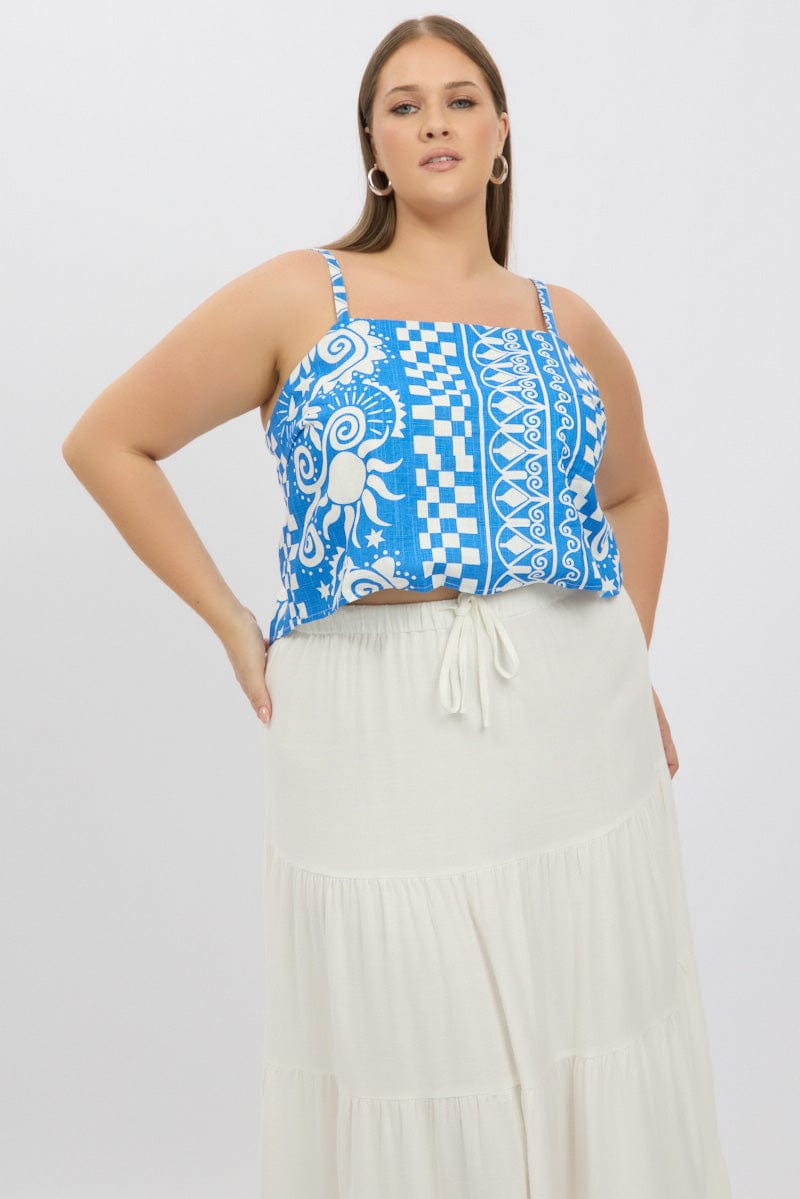 Blue Abstract Cami Crop Top Linen Blend for YouandAll Fashion