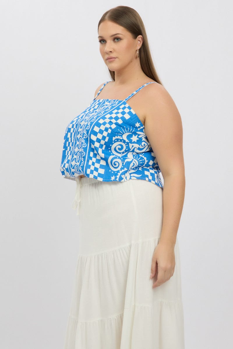 Blue Abstract Cami Crop Top Linen Blend for YouandAll Fashion