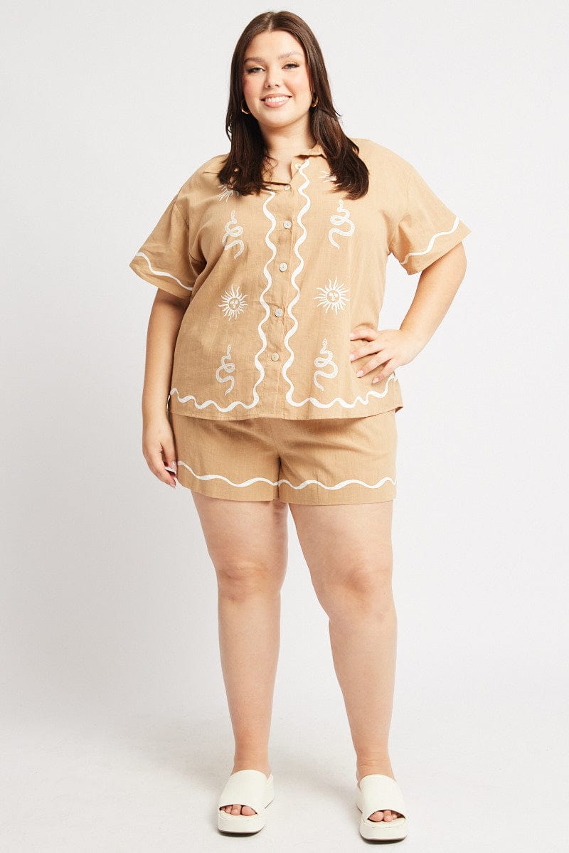 Beige Relaxed Shirt Short Sleeve for YouandAll Fashion