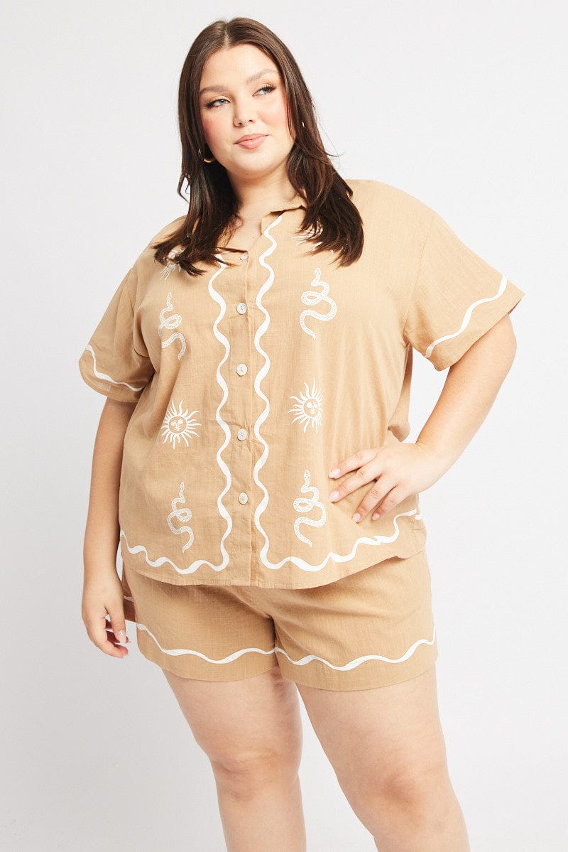 Beige Relaxed Shirt Short Sleeve for YouandAll Fashion