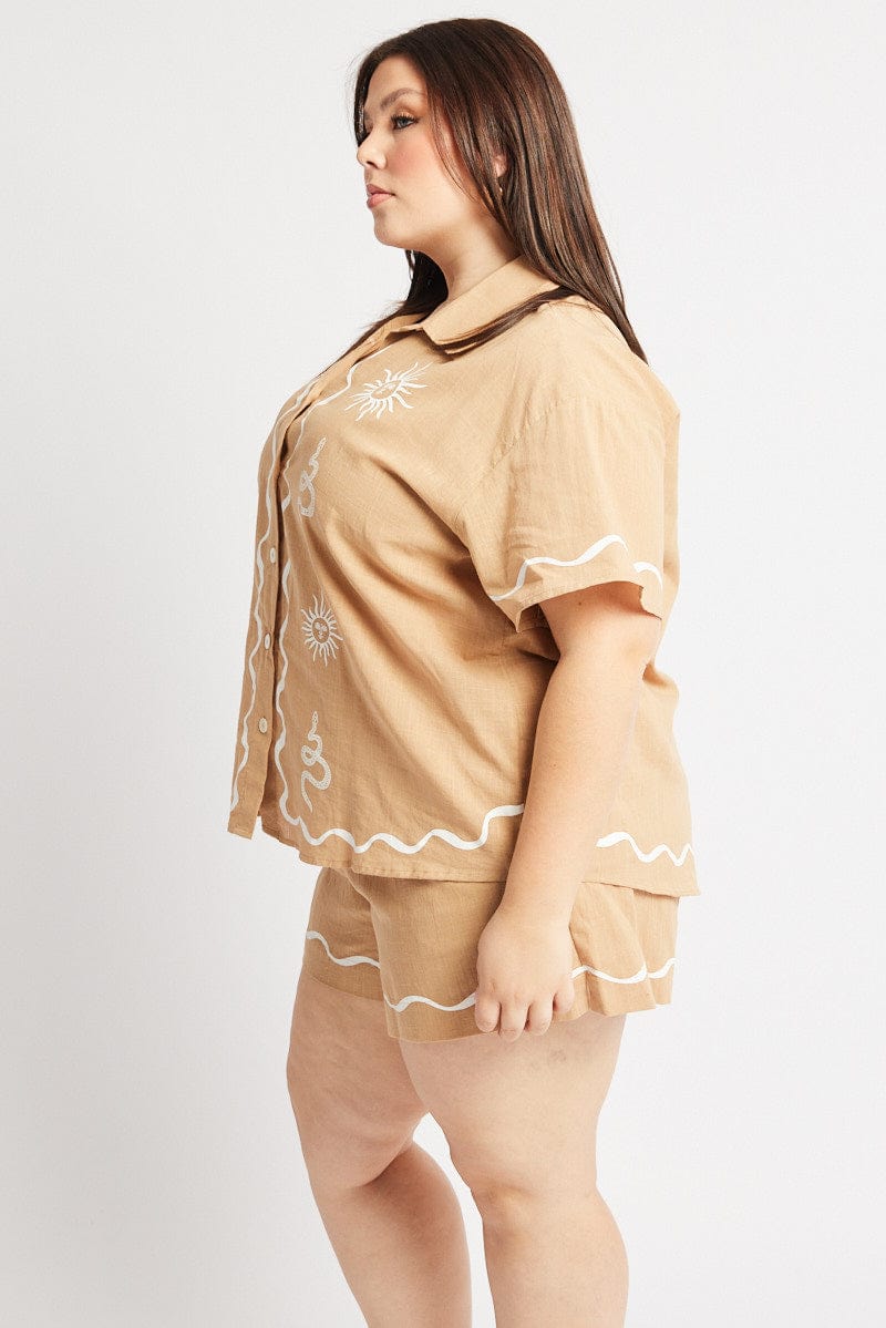 Beige Relaxed Shirt Short Sleeve for YouandAll Fashion