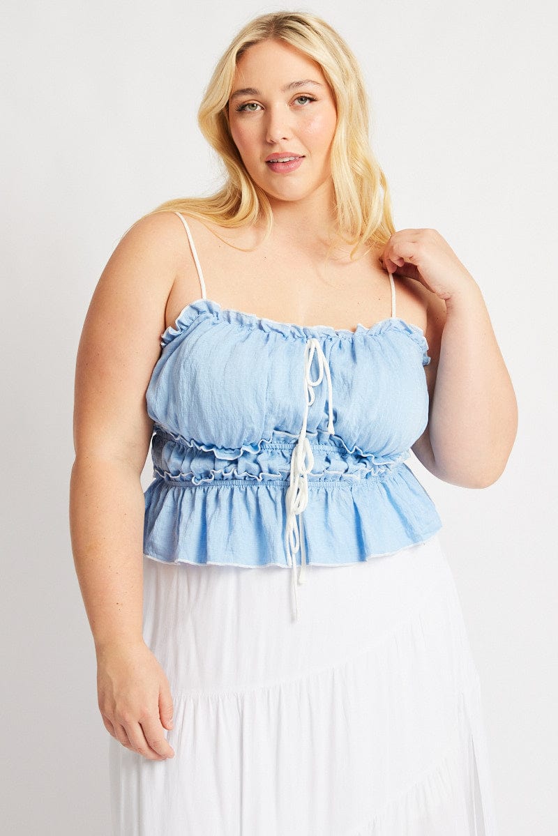 Blue Tiered Cami Top Sleeveless Front Ribbon for YouandAll Fashion