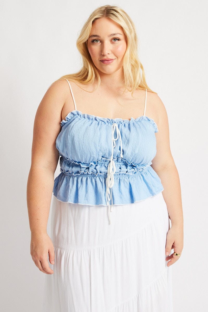 Blue Tiered Cami Top Sleeveless Front Ribbon for YouandAll Fashion