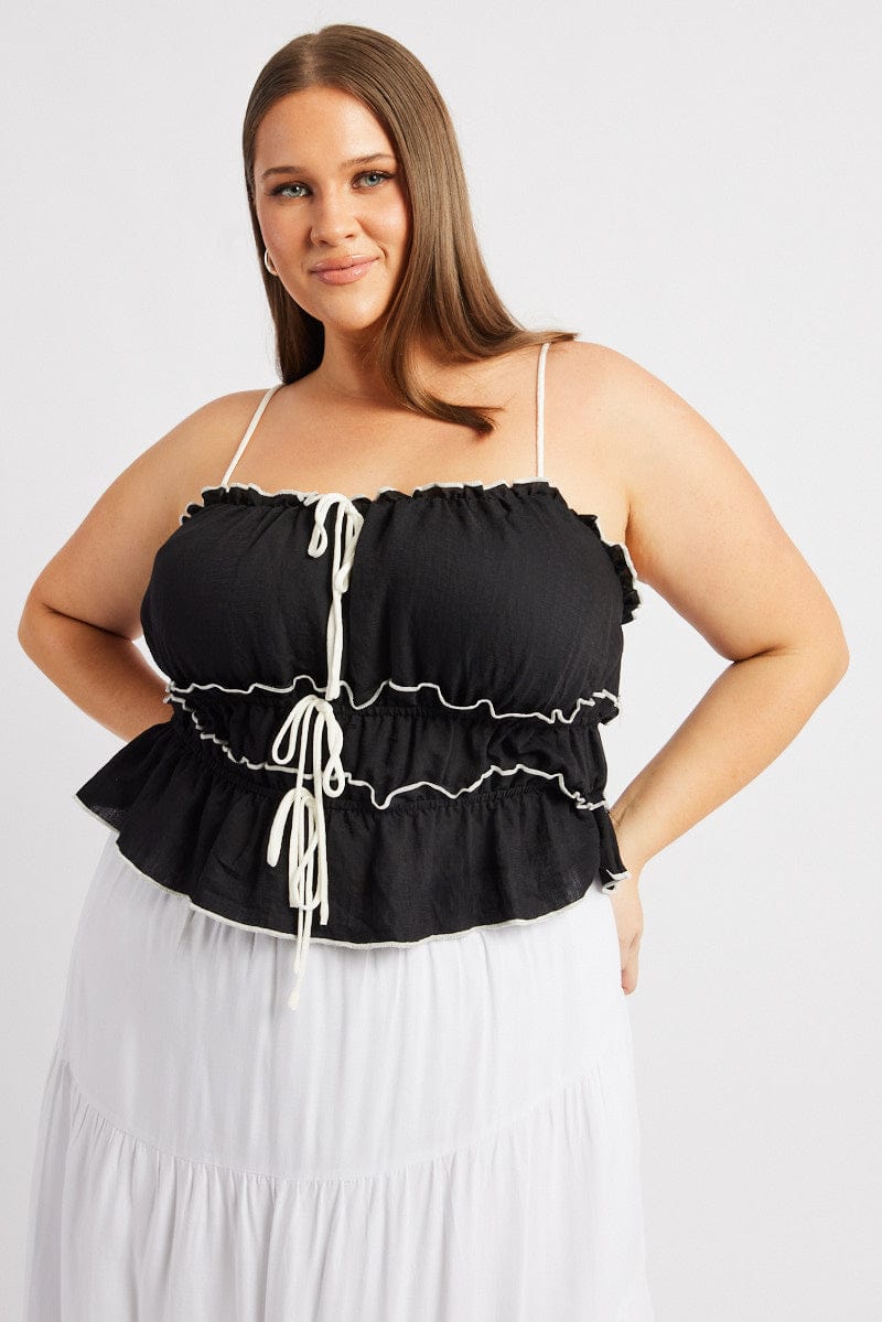 Black Tiered Cami Top Sleeveless Front Ribbon for YouandAll Fashion