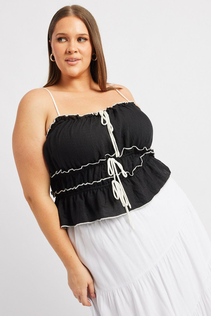 Black Tiered Cami Top Sleeveless Front Ribbon for YouandAll Fashion