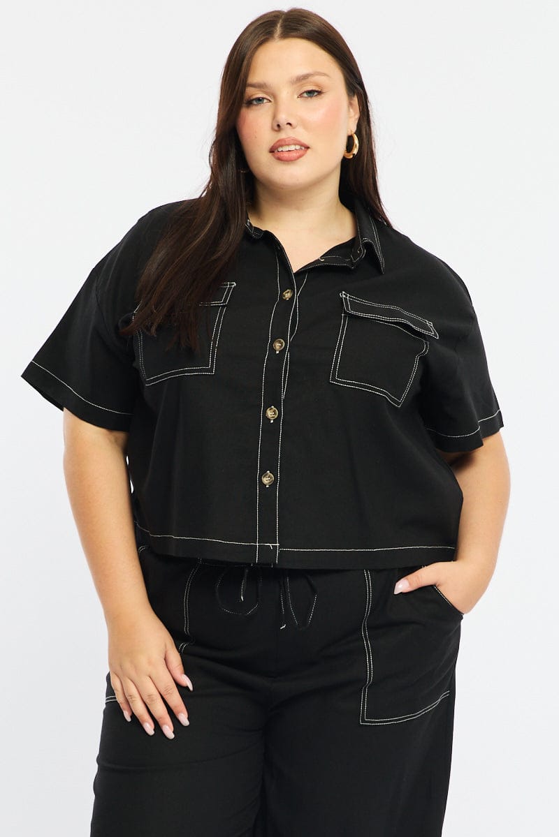 Black Cropped Shirt Short Sleeve Contrast Stitch for YouandAll Fashion