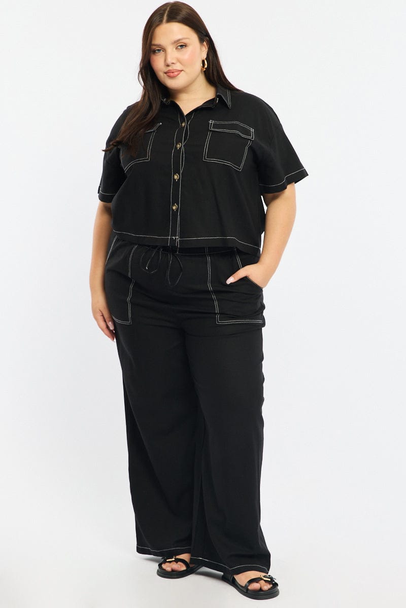 Black Cropped Shirt Short Sleeve Contrast Stitch for YouandAll Fashion