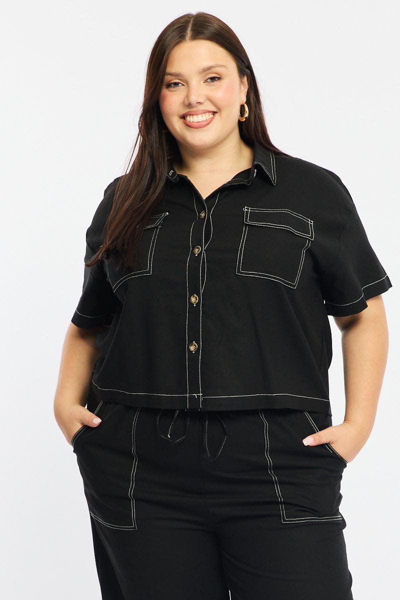 Black Cropped Shirt Short Sleeve Contrast Stitch for YouandAll Fashion