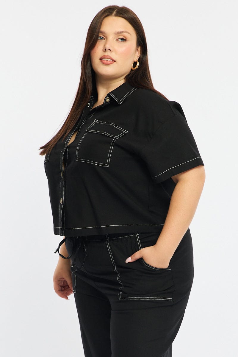 Black Cropped Shirt Short Sleeve Contrast Stitch for YouandAll Fashion