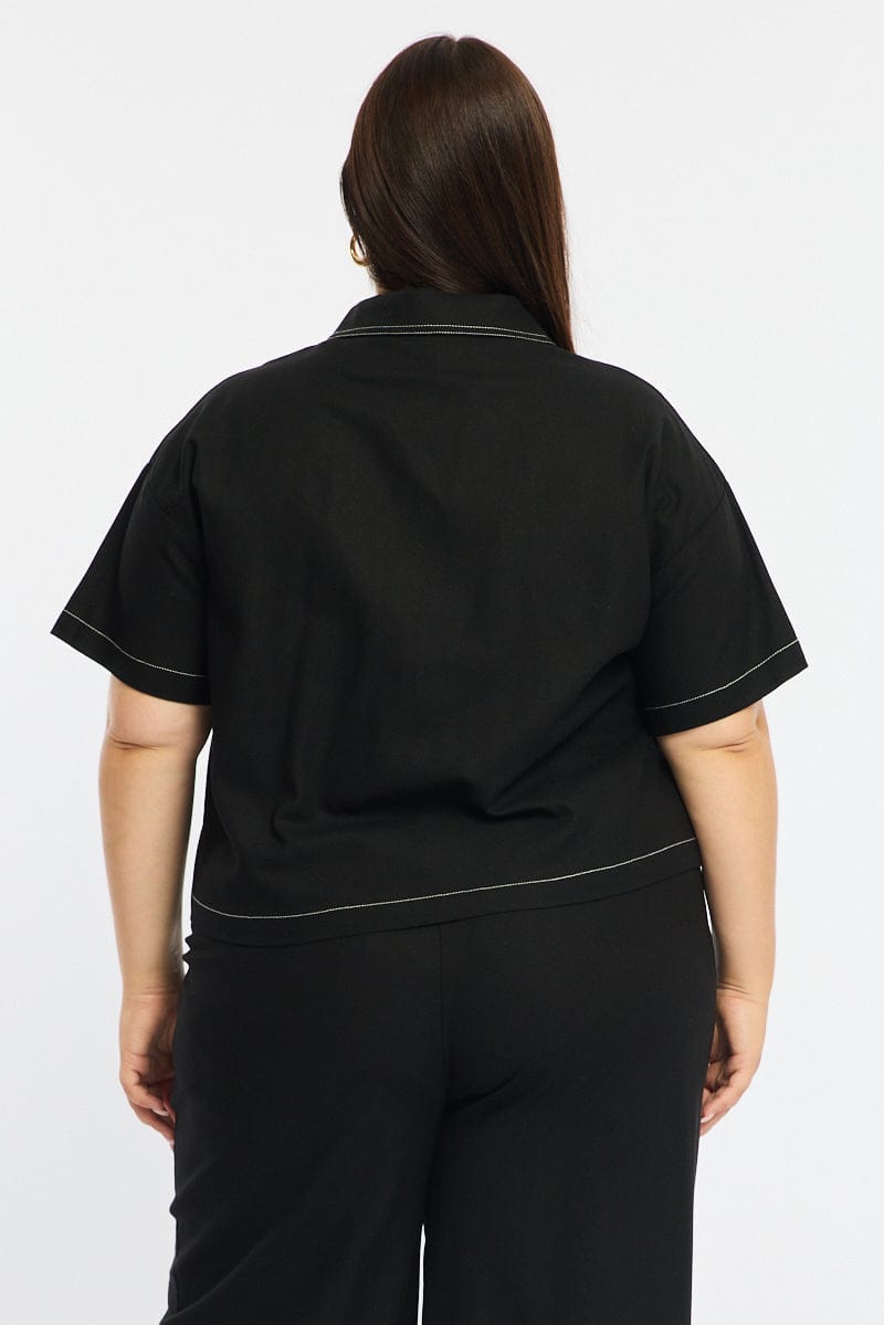Black Cropped Shirt Short Sleeve Contrast Stitch for YouandAll Fashion