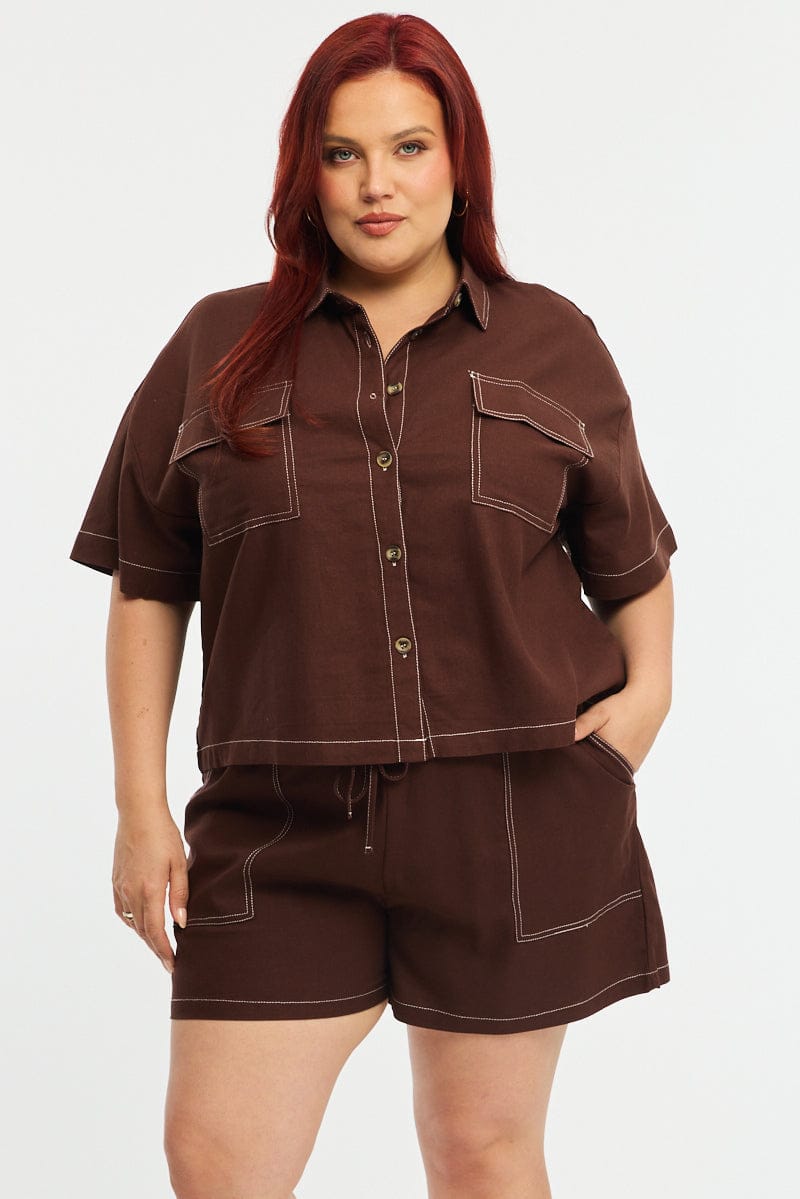 Brown Cropped Shirt Short Sleeve Contrast Stitch for YouandAll Fashion