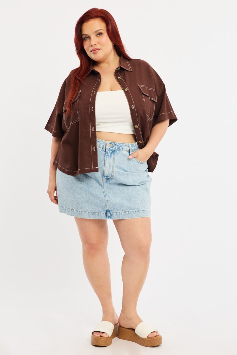 Brown Cropped Shirt Short Sleeve Contrast Stitch for YouandAll Fashion