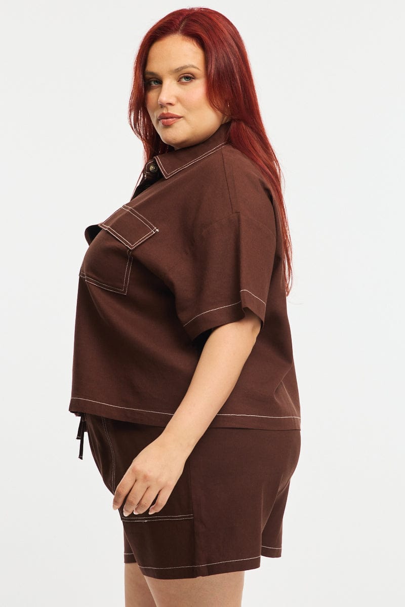 Brown Cropped Shirt Short Sleeve Contrast Stitch for YouandAll Fashion