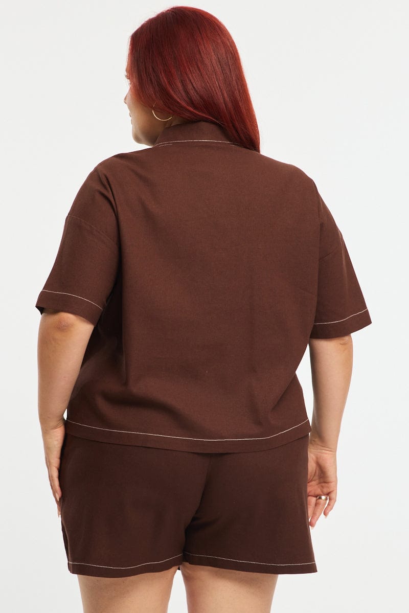 Brown Cropped Shirt Short Sleeve Contrast Stitch for YouandAll Fashion