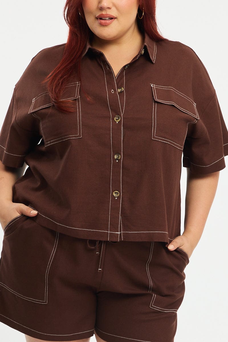 Brown Cropped Shirt Short Sleeve Contrast Stitch for YouandAll Fashion